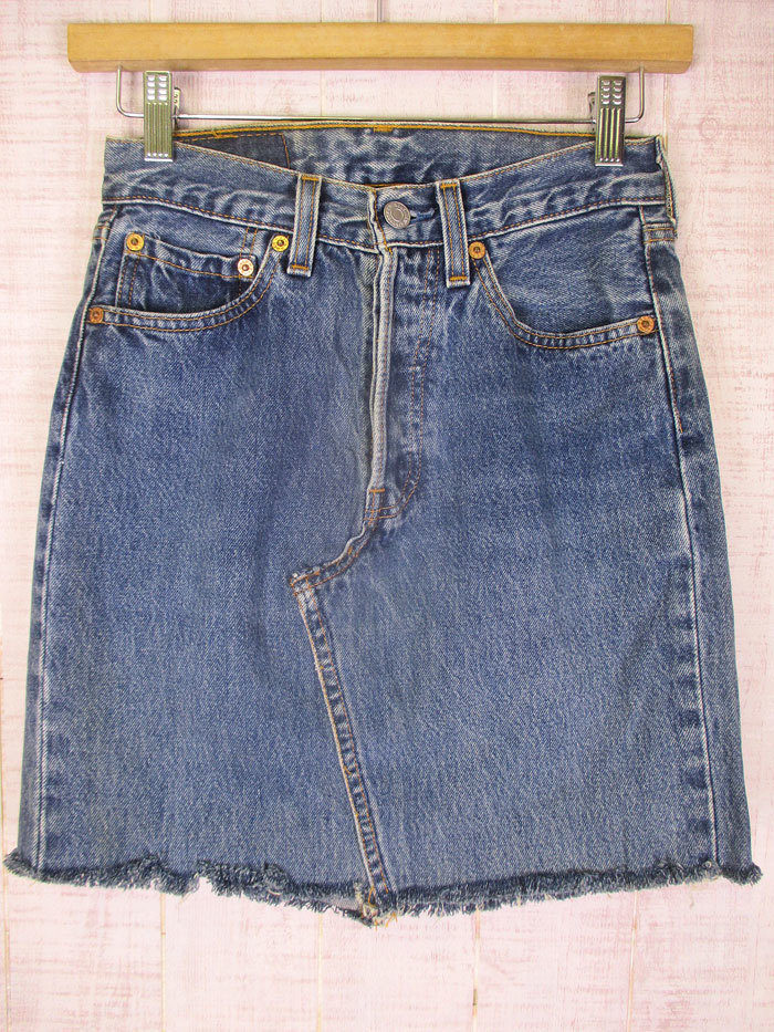 90's ビンテージ Levi's リーバイス ひざ丈 リメイク デニムスカート W26 USA製 lbsk-7拍卖