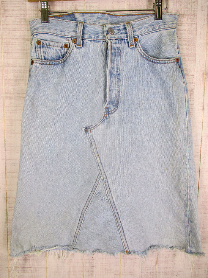 90's ビンテージ Levi's リーバイス ひざ丈 リメイク デニムスカート W28 USA製 lbsk-17拍卖