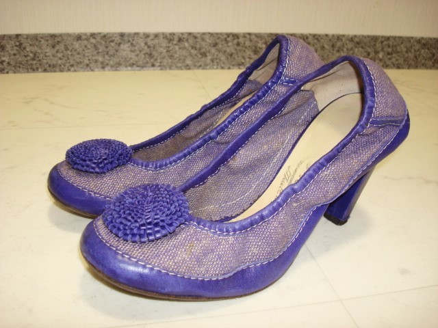 ● AMATERASU ITALIA アマテラス イタリア ツイード 本革 布地×レザー 立体花 ダークパープル パンプスヒール 靴 38 Lサイズ 24.0cm 37拍卖