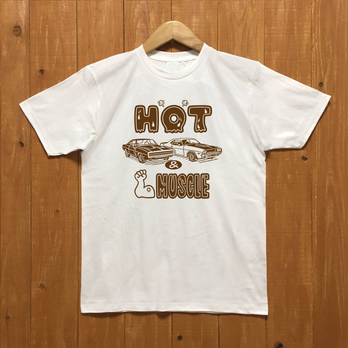 ■HOT & MUSCLE Tシャツ■Lサイズ(ホワイトxブラウン)チャ-ジャ- チャレンジャー ダッジ DODGE MOPAR拍卖