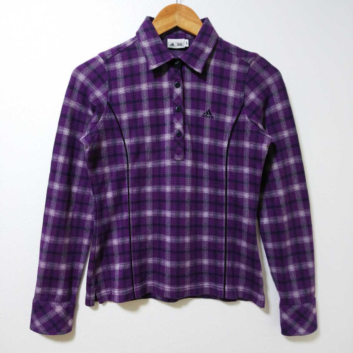 【ゴルフ】adidas アディダス テーラーメイドゴルフ 長袖ポロシャツ レディース Mサイズ パープル チェック柄 刺繍ロゴ拍卖