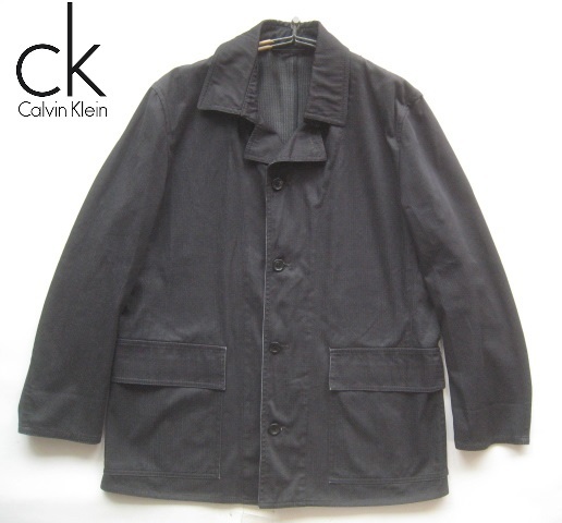 高級日本製!!カルバンクライン Calvin Klein*ストライプ織り柄ストレッチコットンカバーオール柄ジャケット M 黒 ブラック拍卖