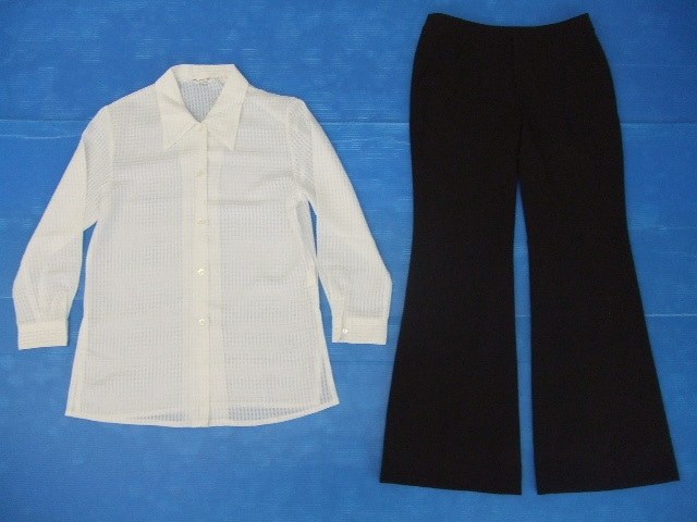 【お買得!】★レディースLサイズ2点セット★①BELLE MAISON/長袖ブラウス/白・格子柄 ②ESPRITMUR/フレアパンツ/茶系拍卖