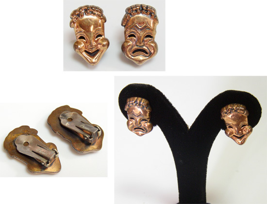 ヴィンテージ TWO FACE イヤリング/ 50s,ロカビリー,Renoir Copper,エルヴィス,ハーレクイン,HOTROD,スペースエイジ,泣き笑い,アンティーク拍卖