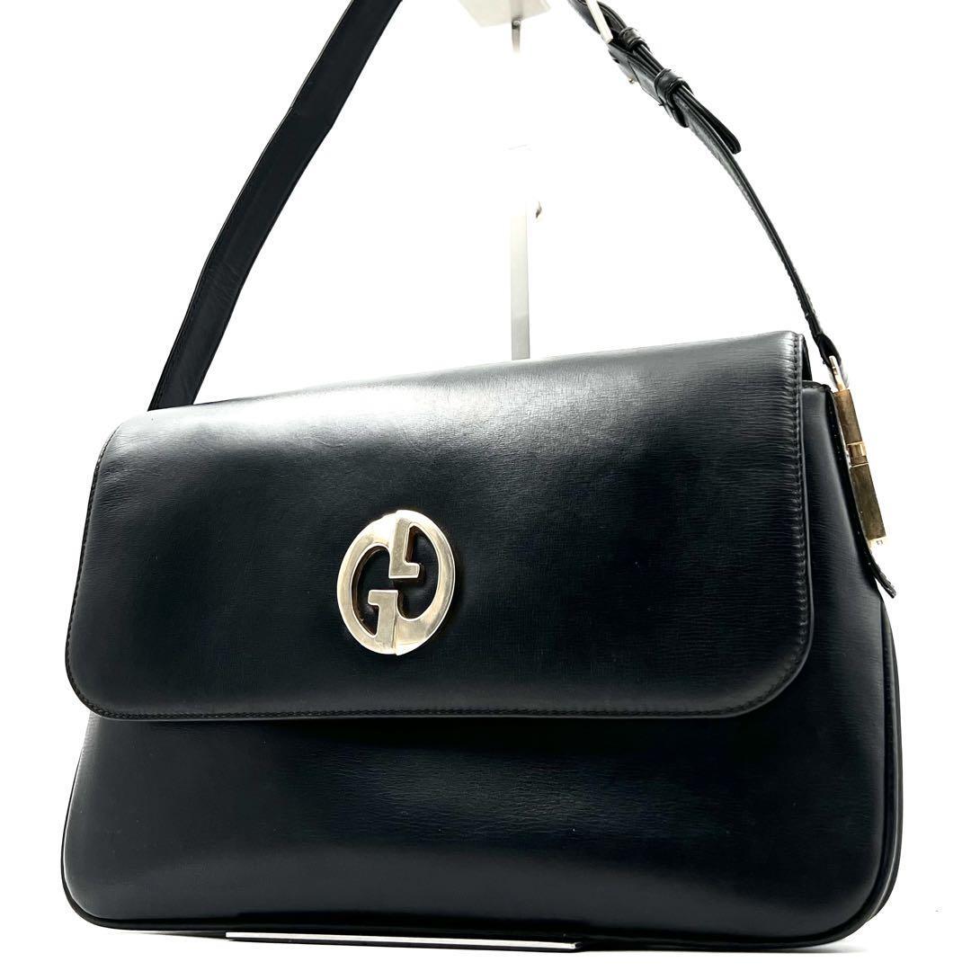 《美品》GUCCI グッチ GG金具 レザー ショルダーバッグ オールドグッチ ブラック 肩掛け拍卖