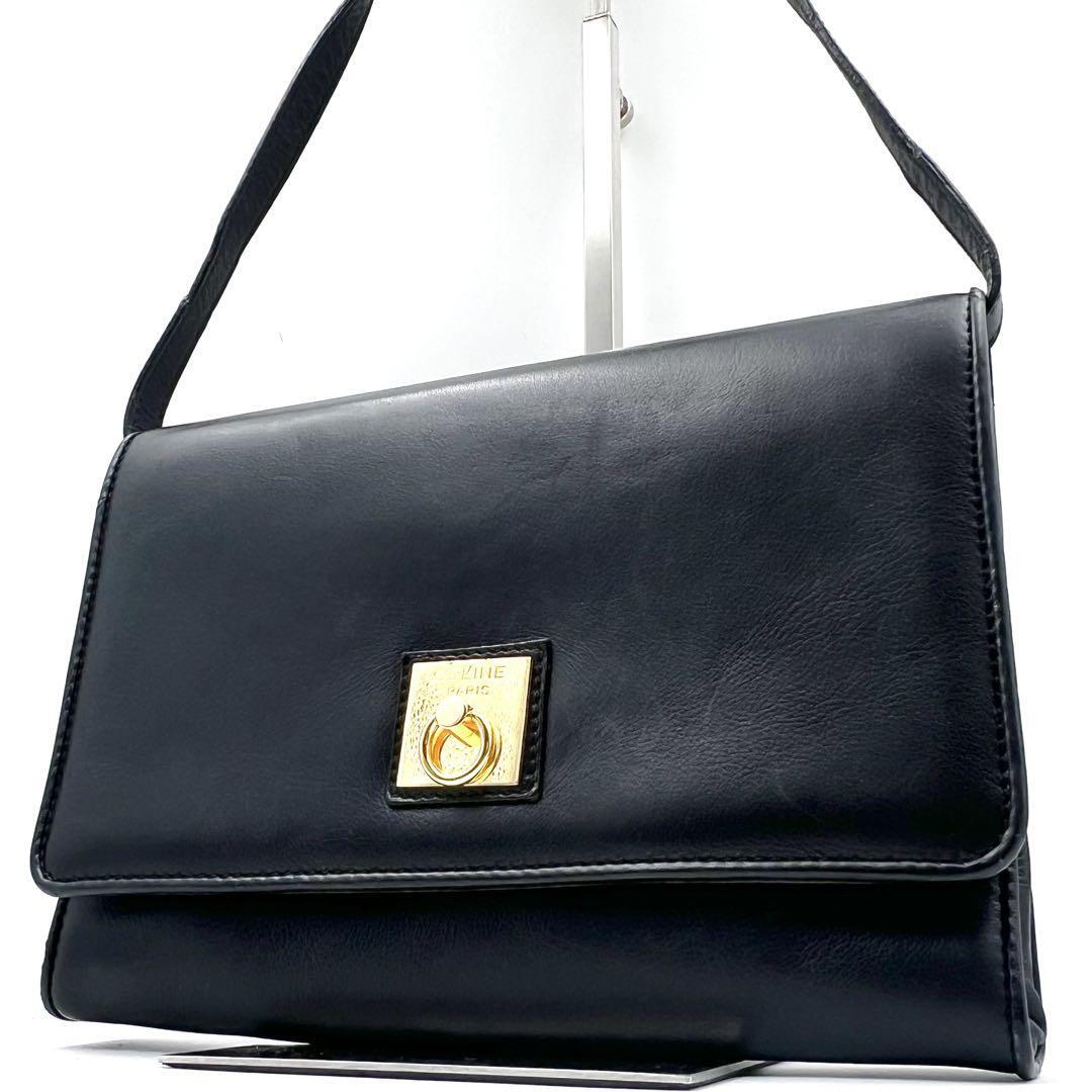 《美品》CELINE セリーヌ ガンチーニ金具 レザー 2WAY ショルダーバッグ クラッチバッグ ブラック 肩掛け拍卖