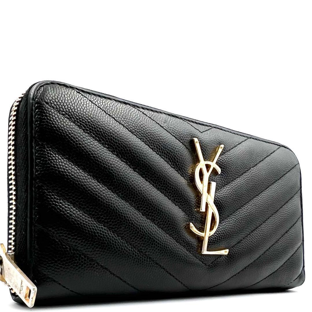 《美品》SAINT LAURENT PARIS サンローランパリ カサンドラ Vステッチ レザー ラウンドファスナー 長財布 ゴールド金具拍卖