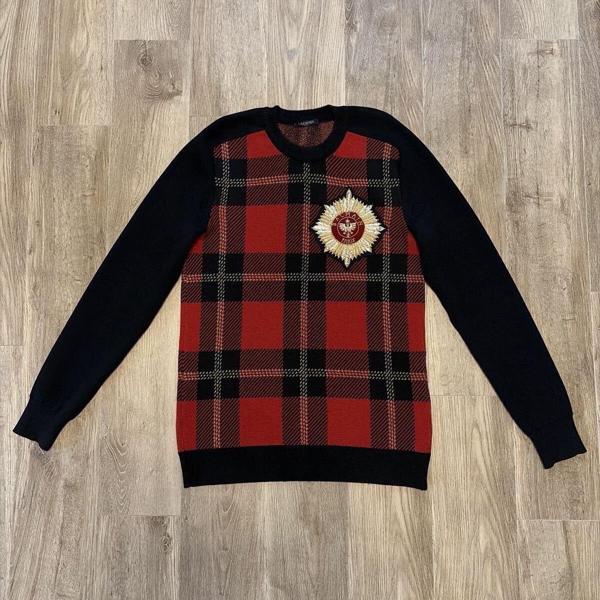 美品 本物 BALMAIN バルマン クリスマス カラー フランス製 エンブレム ワッペン タータン チェック2016.17秋冬コレクション セーター S 拍卖