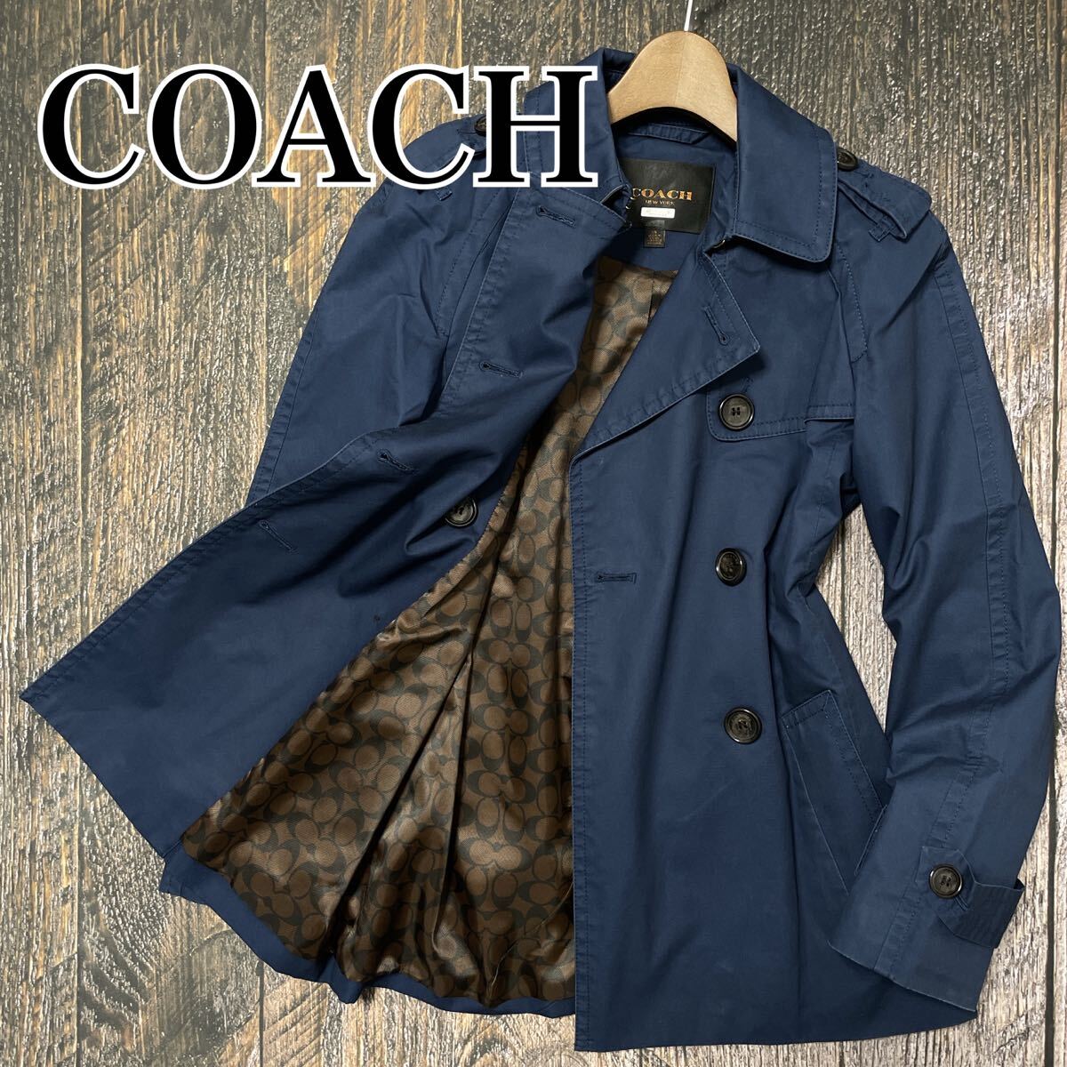 上品 COACH コーチ レディース トレンチコート 裏地シグネチャー柄 シグネクチャー 高級感 上品 春秋 通勤 おでかけ ネイビー 紺 XS SS拍卖