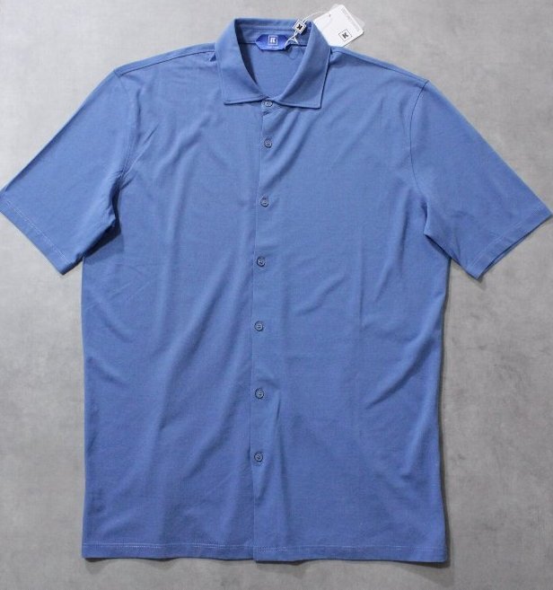 KIRED★新品 キーレッド 接触冷感クレープコットン素材の半袖シャツ フルボタンポロ 52 リビエラブルー拍卖