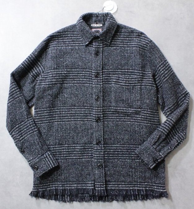 destin★新品6万円 デスティン 裾がフリンジ処理のウールブランケット風生地のオーバーシャツ M グレンチェック拍卖
