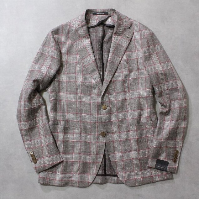 TAGLIATORE★新品12万円 タリアトーレ 「MONTECARLO」リネン系素材のチェック柄2Bジャケット 46 ブラウン×ボルドー拍卖