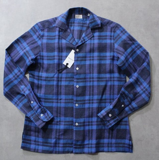BAGUTTA★新品3.1万円程度 リネン素材のオープンカラー長袖シャツ「ALOHA」サイズL ブルー系マドラスチェック柄拍卖