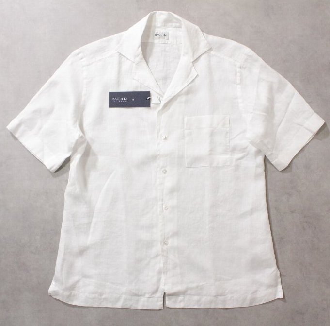 BAGUTTA★新品2.8万円程度 バグッタ ウォッシュドリネン素材の半袖オープンカラーシャツ「MAUI」ホワイト無地 43cm拍卖