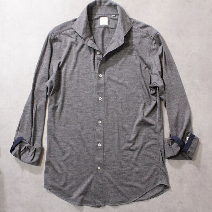XACUS★新品3.5万円 ザッカス REDA社ハイゲージウールジャージー素材のカッタウェイ長袖シャツ グレー 41cm 拍卖