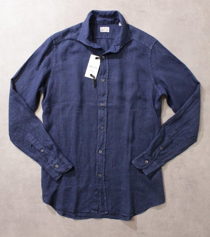 BAGUTTA★新品3.2万円程度 バグッタ ウォッシュドリネン素材のシャツ「ANDREA」ネイビー無地 スリムフィット 38cm拍卖