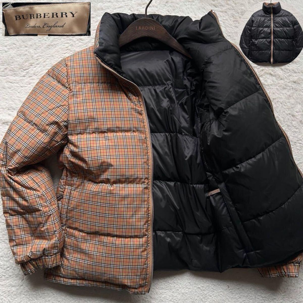 【抜群のリバーシブル 美品】BURBERRY LONDON ENGLAND バーバリー ダウンジャケット 2way ノバチェック 肉厚 ブラック S 現行品 金タグ拍卖