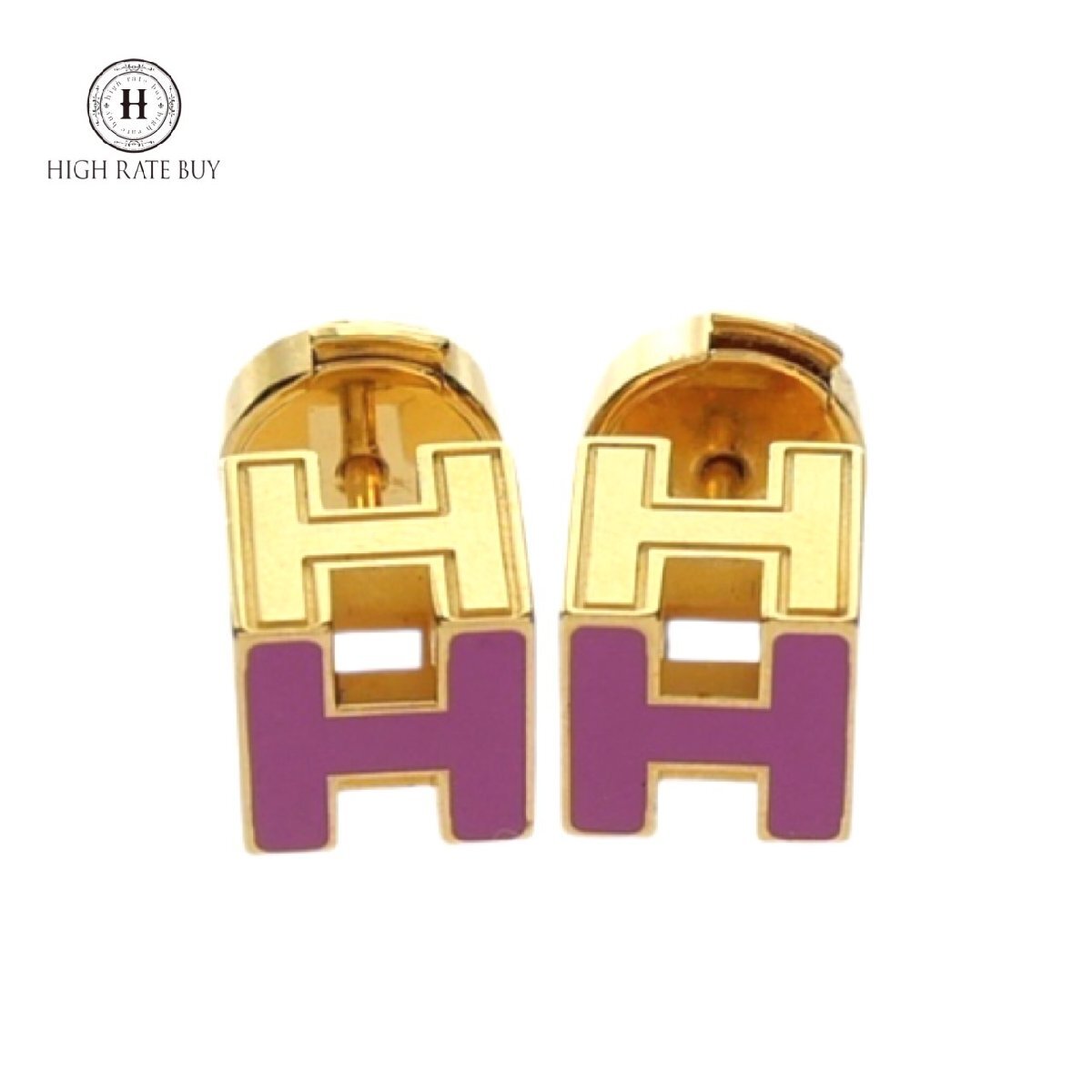 1円スタート 美品 HERMES エルメス カージュドアッシュ Hキューブ ピアス スクエア ゴールド パープル 耳飾り アクセサリー レディース拍卖