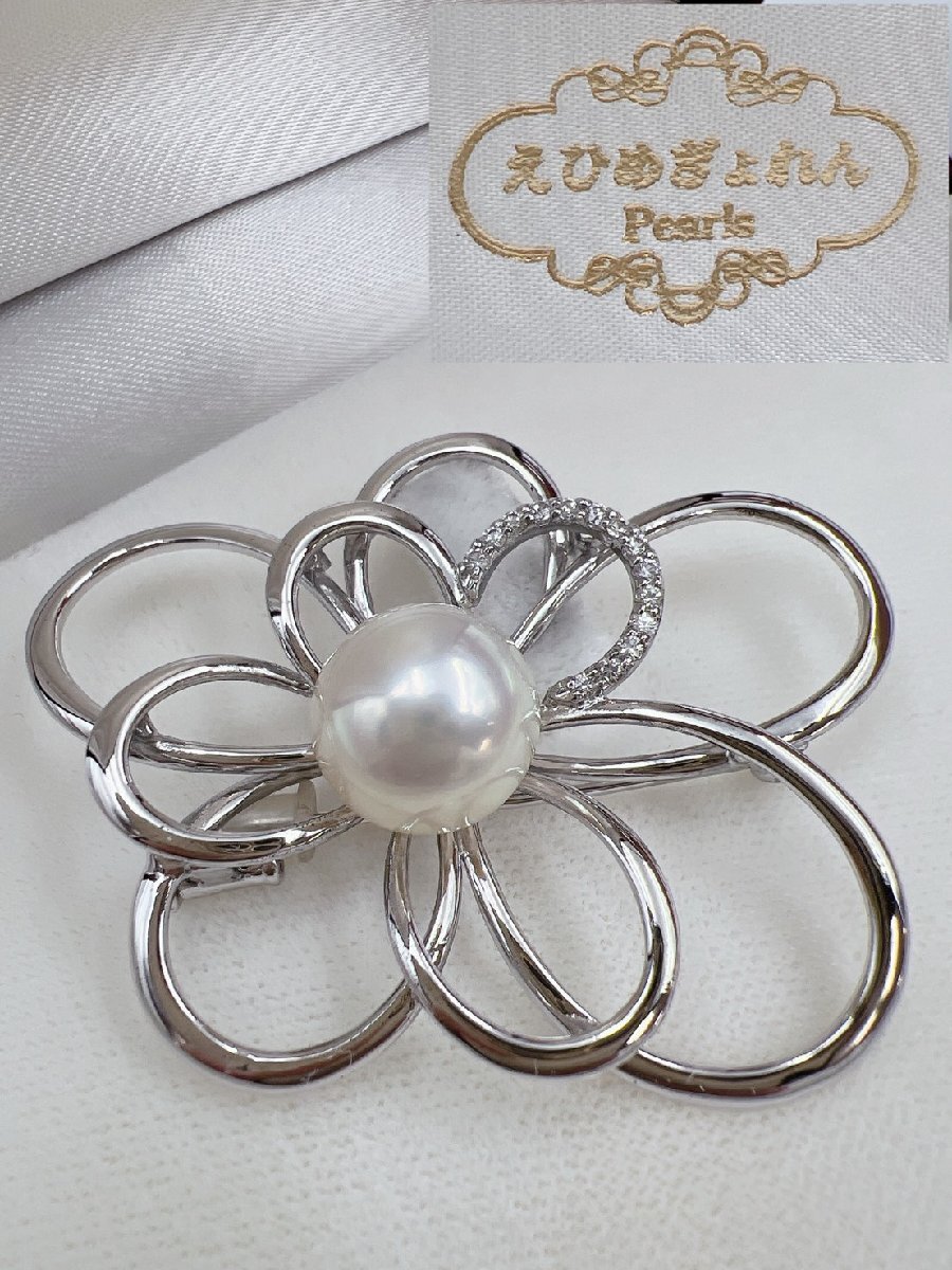 愛媛漁連 えひめぎょれん Pearls パール12.36mm &ダイヤモンド 14P ブローチ SILVER ケース付 真珠【AO064】拍卖