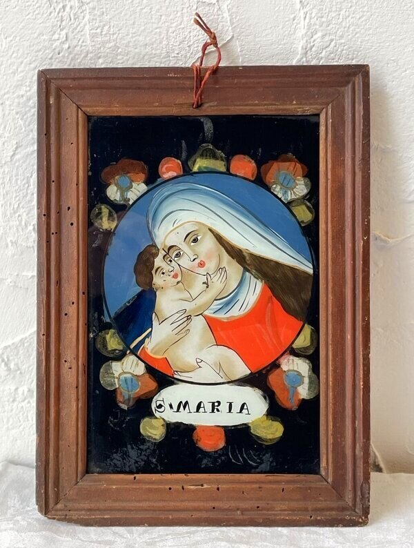 聖母子像 ガラス絵 19世紀 アンティーク 南ドイツ チロル地方 イコン 古民藝 フォークアート 幼子イエス キリスト / 教会 聖人 聖品拍卖