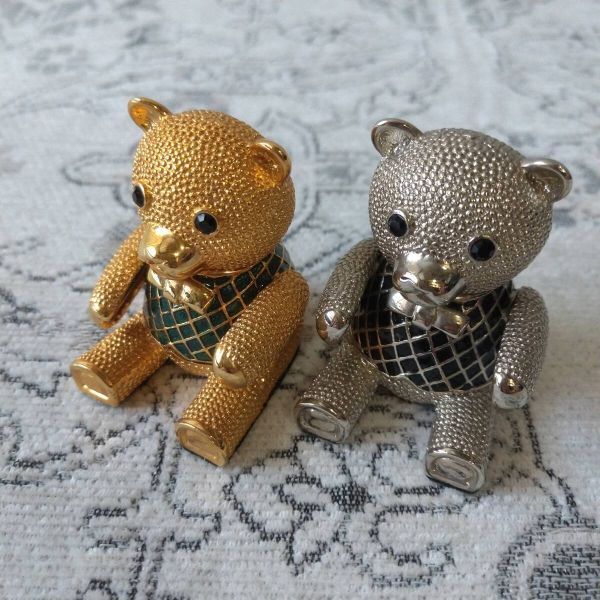 ベア型 ジュエリーボックス 小物入れ ゴールド&シルバー 2体セット スワロフスキー目拍卖