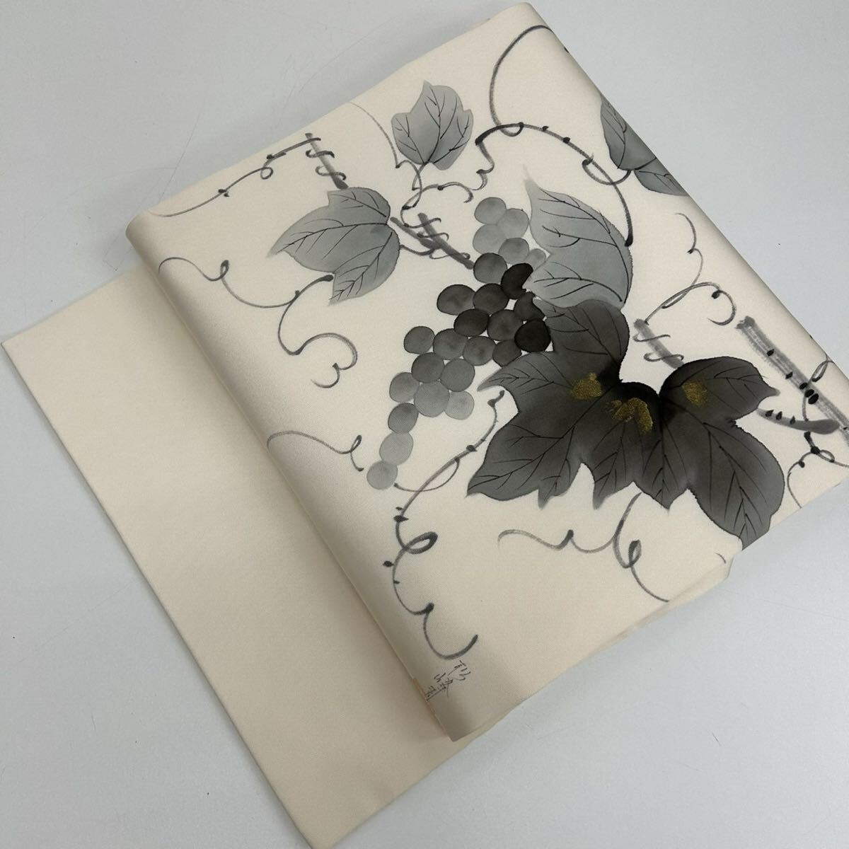 名古屋帯 正絹 塩瀬 作家物 水墨画 ぶどう 九寸Q-240拍卖