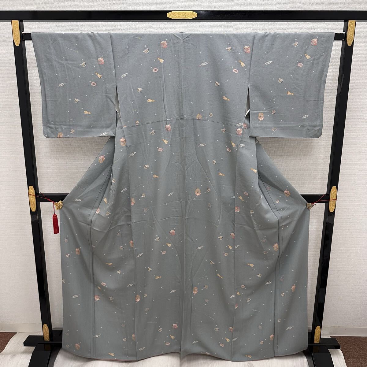 小紋 ちりめん 茶道具 可愛い染め 着物 正絹 Q-276拍卖