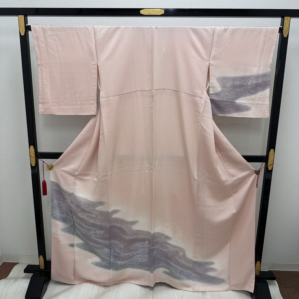 付下げ 裄68.5 暈し染 扇に荒波模様 着物 正絹 Q-283拍卖