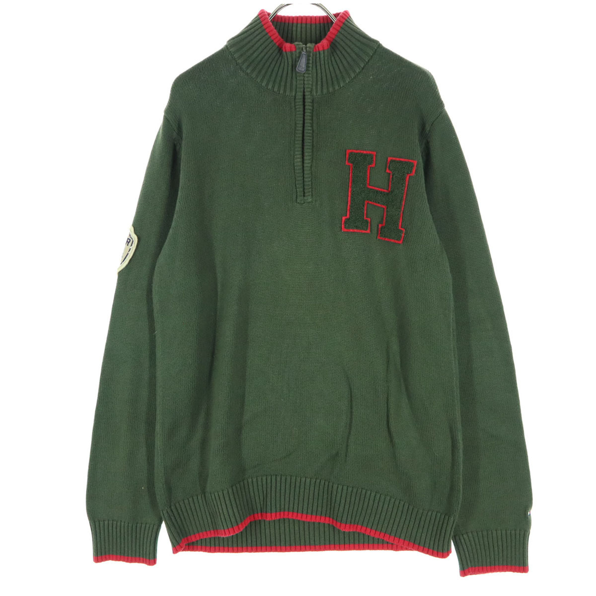 TOMMY HILFIGER トミーヒルフィガー ワッペン ツートンカラー 長袖 ハーフジップ セーター M グリーン メンズ拍卖