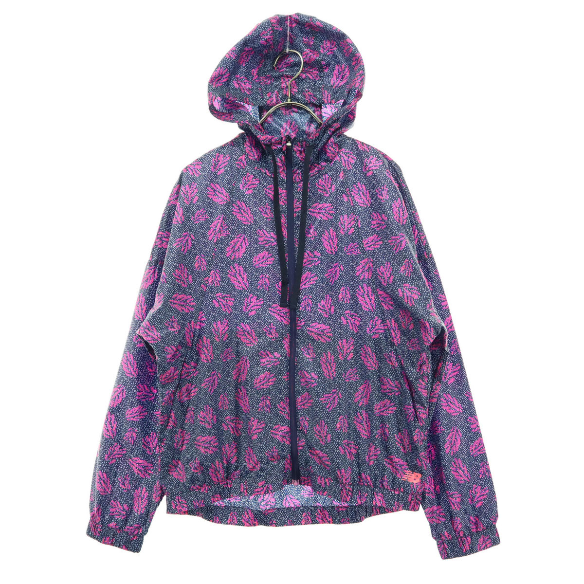 未使用 NEW BALANCE ニューバランス 総柄 長袖 ウインドブレーカー M ネイビー フーディー レディース拍卖