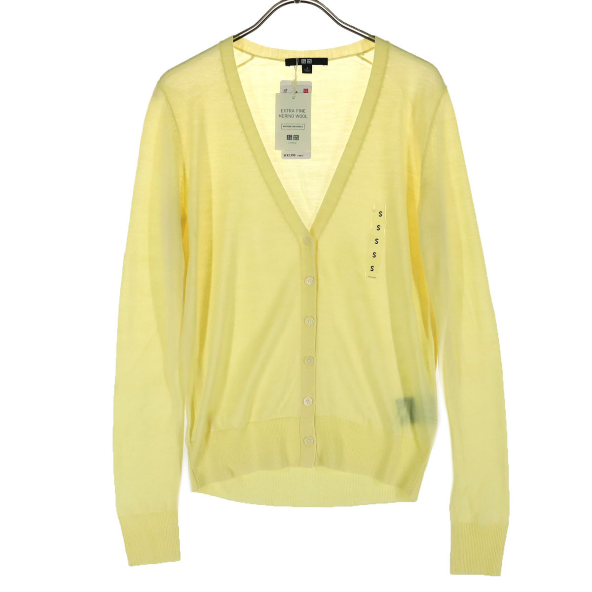 未使用 UNIQLO ユニクロ ウールブレンド 長袖 Vネック カーディガン S イエロー レディース拍卖