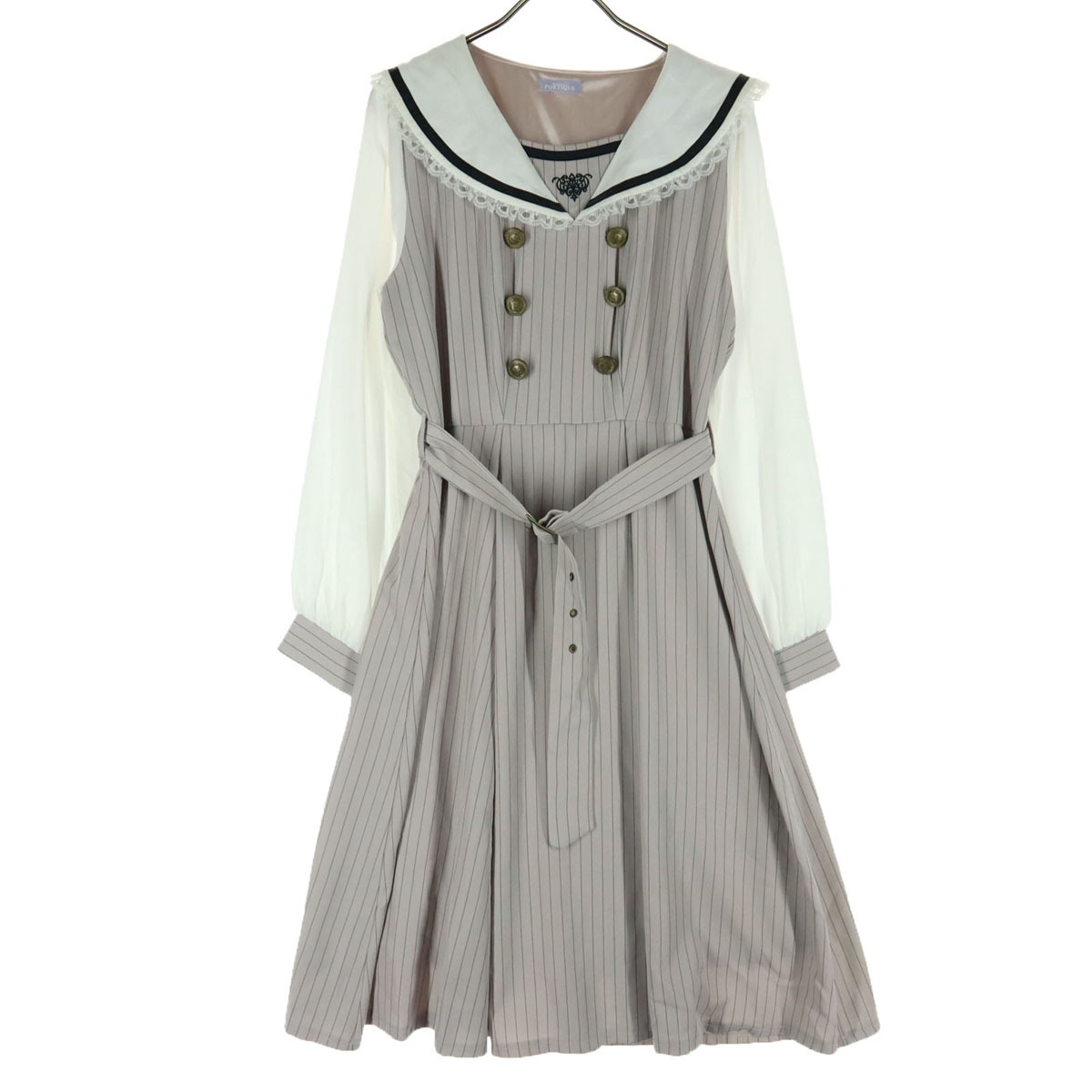 axes femme POETIQUE アクシーズファムポエティック ストライプ柄 長袖 セーラーカラー 膝丈ワンピース M ピンク レディース拍卖