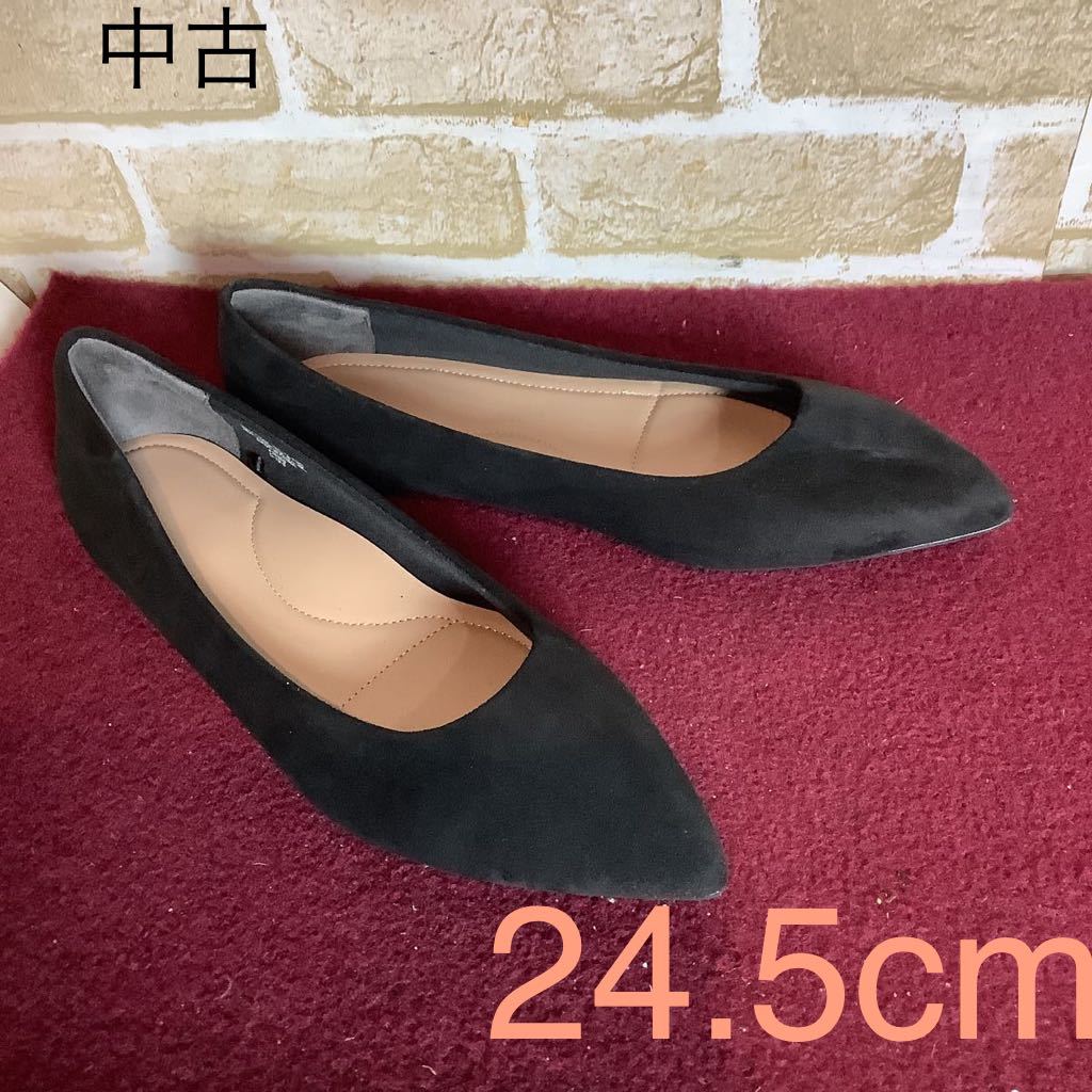 【売り切り!送料無料!】A-334 スエードパンプス!24.5cm!黒!ブラック!ローヒール!おしゃれ!フラットシューズ !中古!拍卖