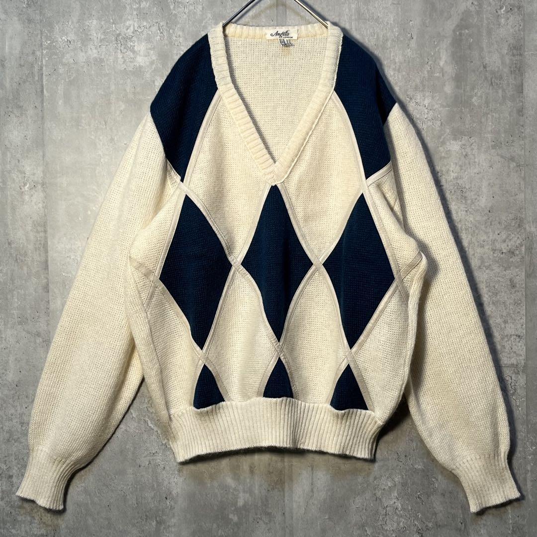 希少☆ イタリア製 ヴィンテージモヘアニット 好配色ダイヤ柄 レザー切替 袖太シルエット拍卖