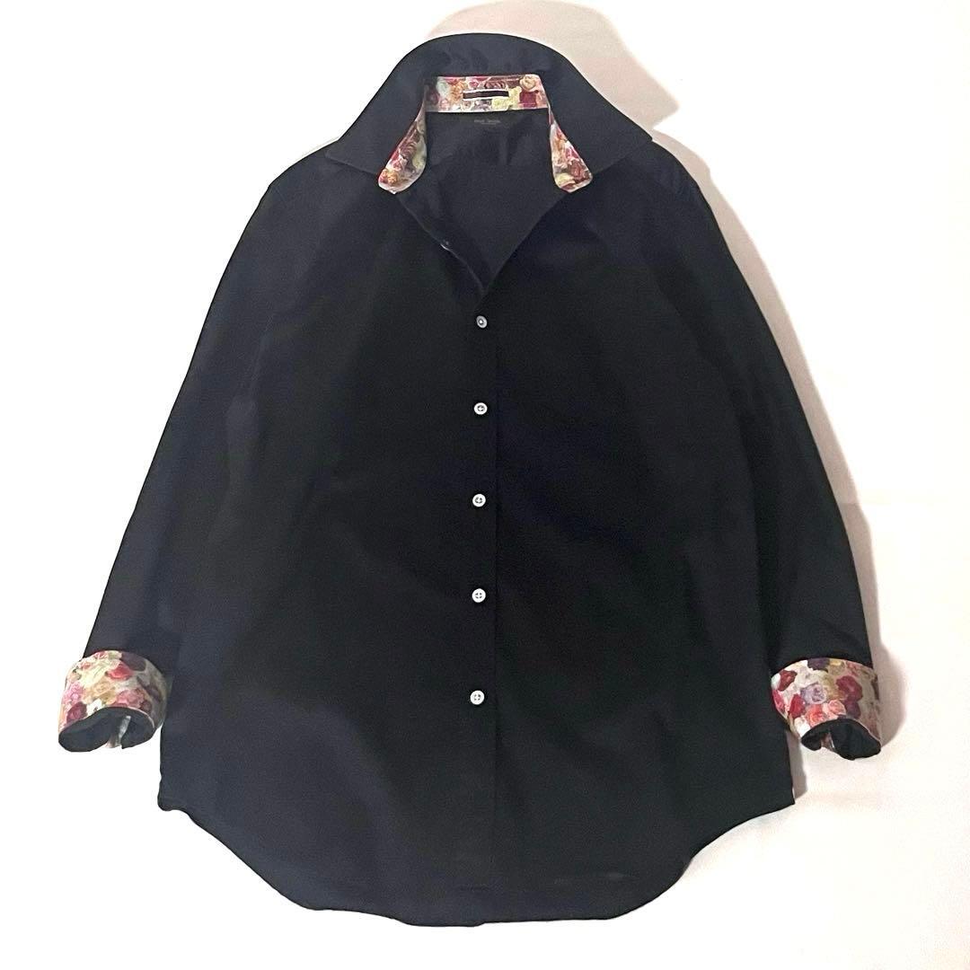 【美品】ポールスミス コレクション 長袖ドレスシャツ 花柄 ローズ 薔薇 フラワー サテン生地 Lサイズ ブラック 黒 現行 近年拍卖