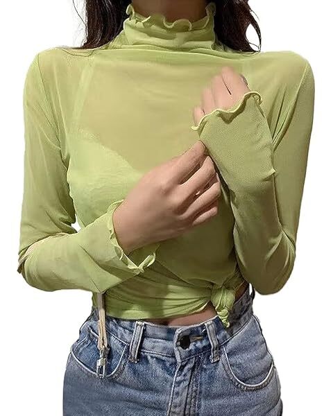 新品送料無料●全透けトップス ストレッチパワーネット NO11 ライトグリーン シアートップス ボトルネック ハイネック 長袖 拍卖