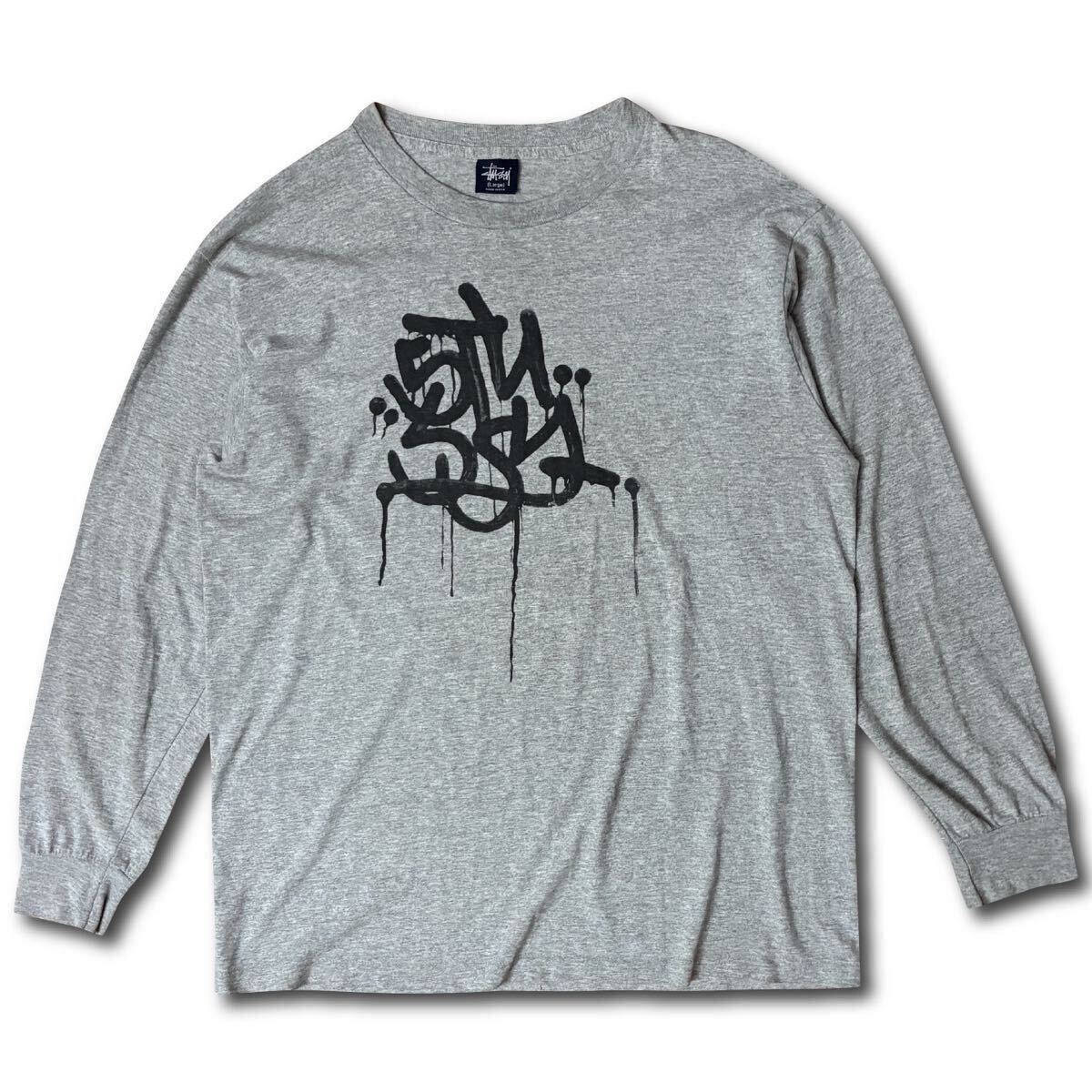 【90s】Stussy Graffiti Logo L/S Crew L Greyステューシー 長袖 Tシャツ ヴィンテージ グレー 紺タグ レア Made in USA シングルステッチ拍卖