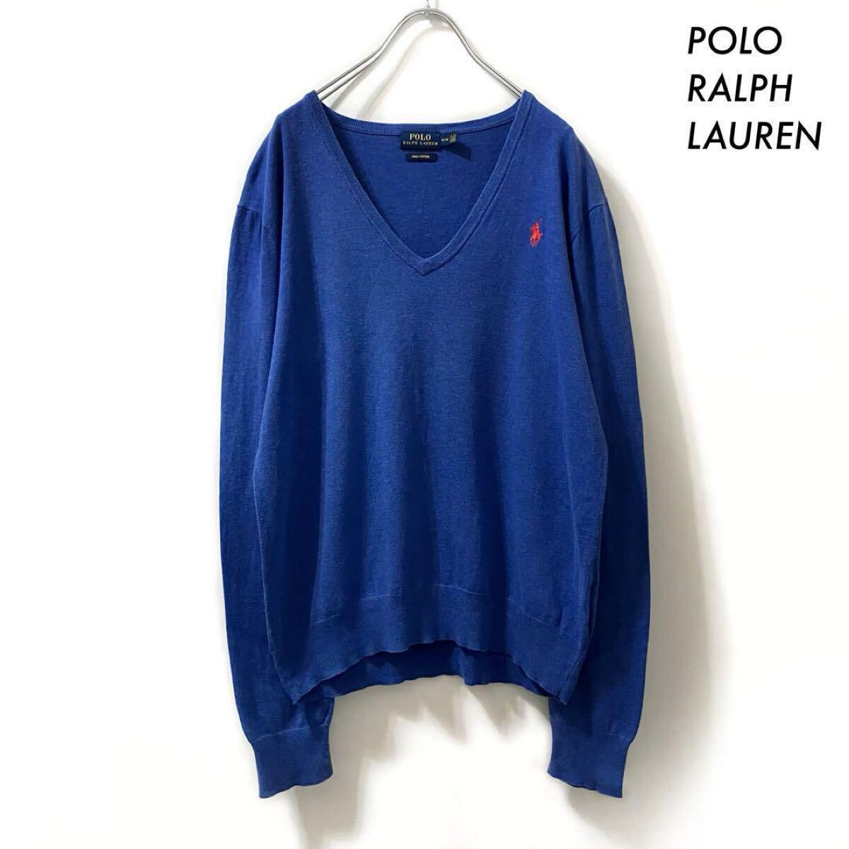 【送料無料】POLO RALPH LAUREN★Vネック 長袖ニット ワンポイント刺繍 ブルー 青 ポロラルフローレン拍卖