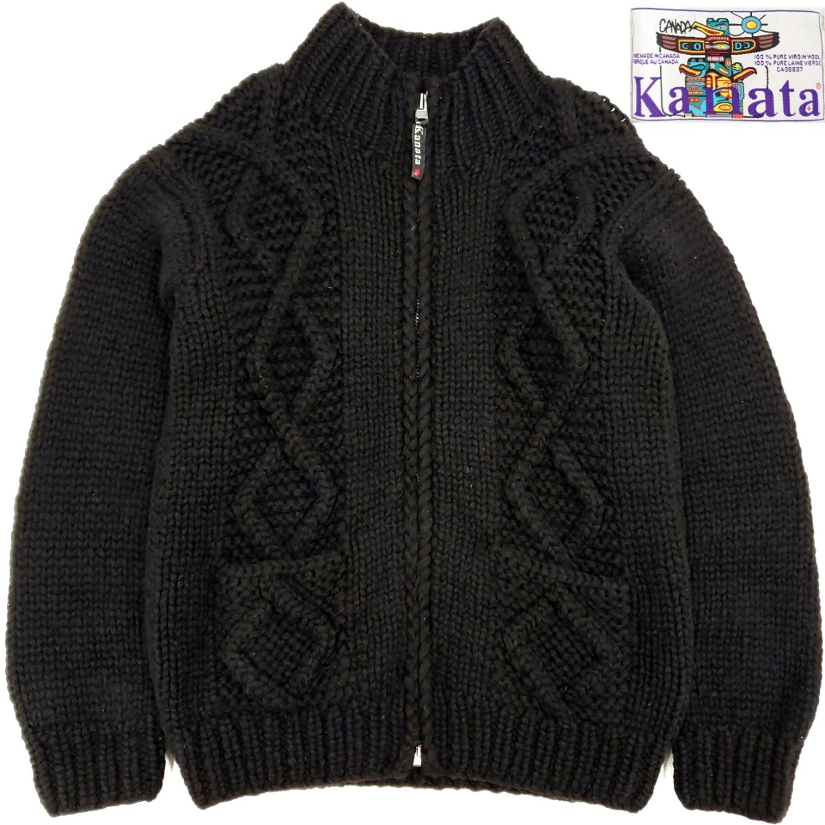 単色ケーブル編み◆Kanata◆メンズL位カナダ製カウチンセーターニットカナタ無地ブラック黒ウールジャケットジップアップカーディガン 1173拍卖