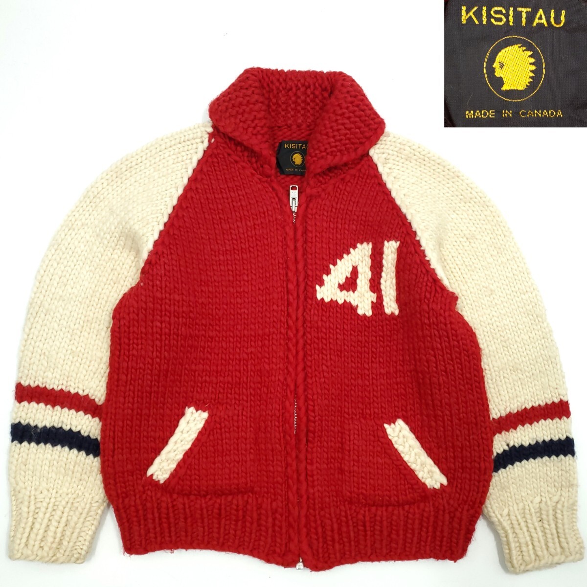 肉厚カナダ製◆KISITAU◆最高級ニットカウチンセーターメンズM位トリコロール赤白キシタウウールジャケットジップアップカーディガン SJ471拍卖