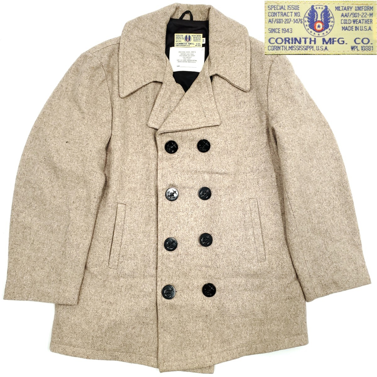 USA製◆CORINTH◆ウールピーコート38メンズML位コリンスアメリカ製ベージュPコートPEAコートミリタリー軍物ダブルアウター通勤通学 SJ1580拍卖