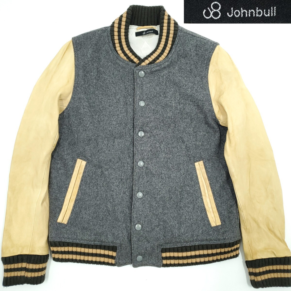 レザーアーム◆Johnbull ジョンブル◆メンズMスタジャングレーベージュ本皮ジャケット本革ジャンスタジアムジャンパー山羊革ウール SJ1554拍卖