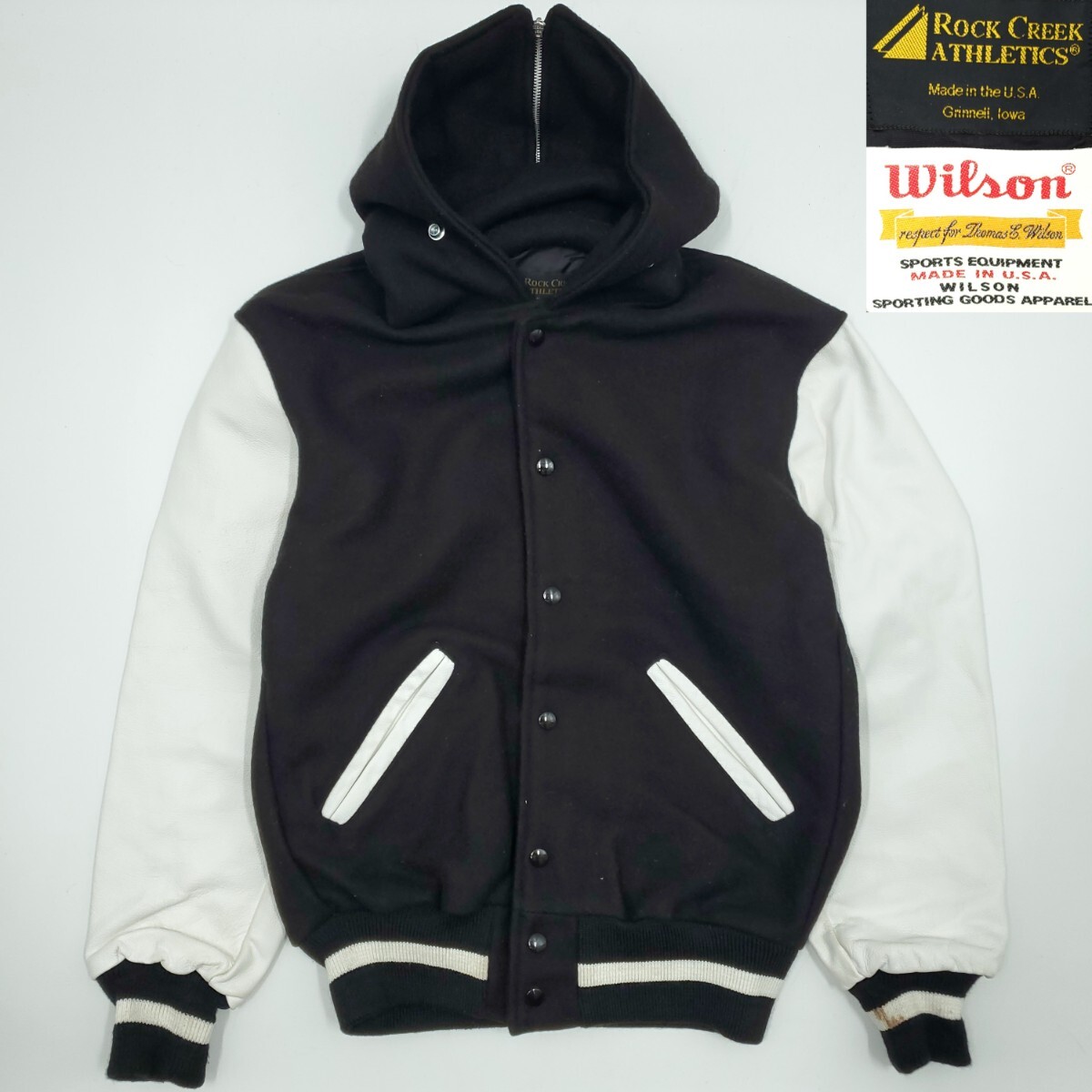 USA製フード付き◆ROCK CREEK ATHLETICS◆メンズM相当レザーアームスタジャン黒白M本皮WILSON別注アメリカ製ジャケット本革ジャン SJ529拍卖
