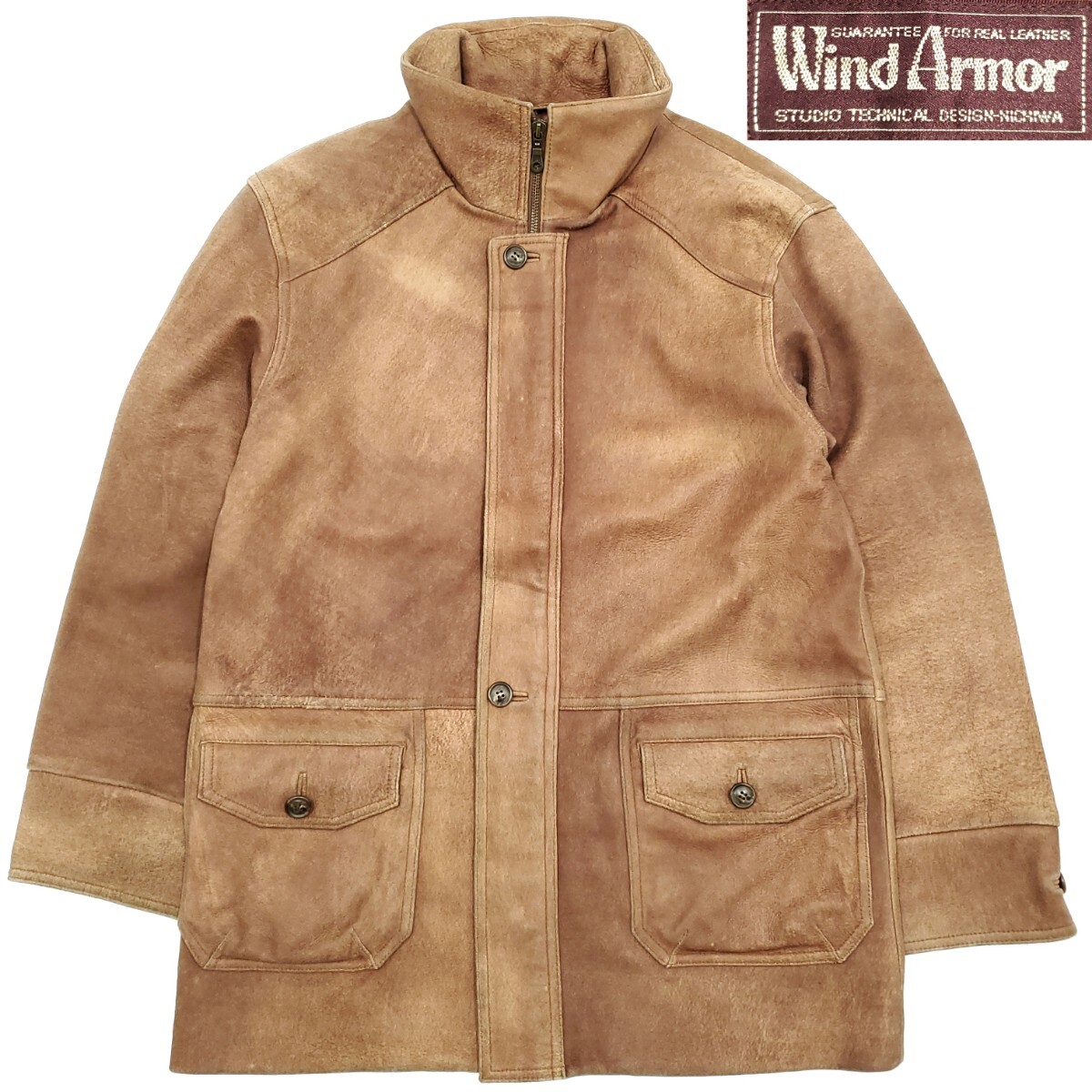 イタリア産シープスキン◆Wind Armor◆Mレザーコートメンズ茶ブラウン本皮ウインドアーマーニチワ羊革アウター本革ジャン立ち襟 SJ377拍卖