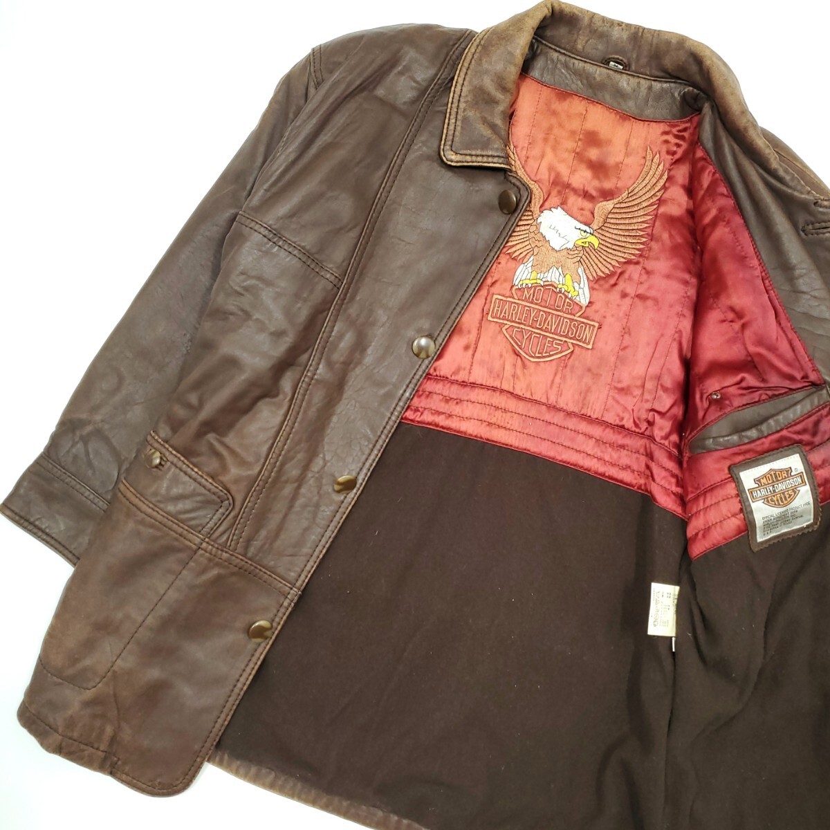 裏地刺繍◆HARLEY-DAVIDSON◆Mレザーカーコート中綿入り茶ライダースジャケットハーレーダビッドソン本皮ステンカラー本革ジャン SJ1482拍卖