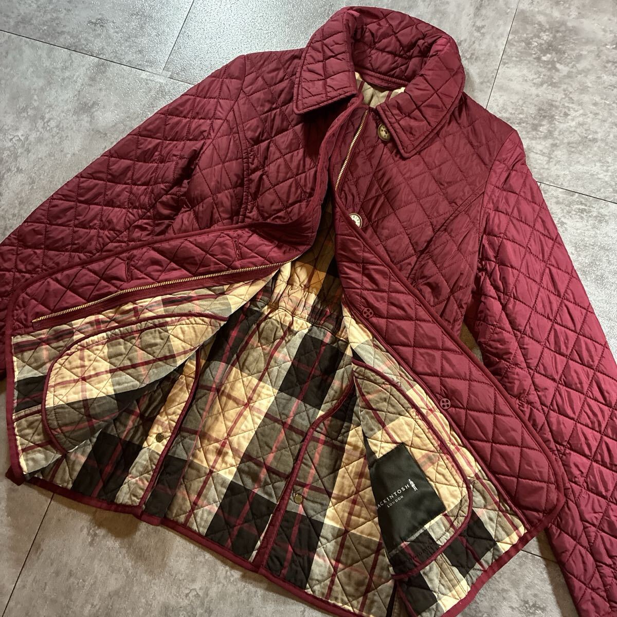 【美品・L相当】MACKINTOSH LONDON マッキントッシュ キルティングジャケット ワインレッド タータンチェック裏地 レディース 秋冬 40拍卖