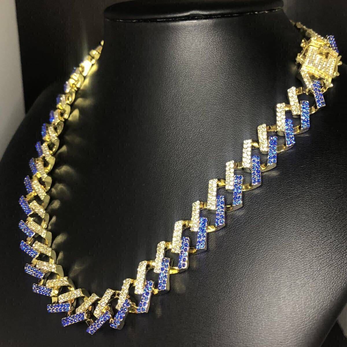 【新品】ネックレス ギザギザ 喜平 チェーン ブルー ホワイト ゴールド ダブルカラー 46cm 幅 1.4cm ブリンブリン ストリート hiphop拍卖