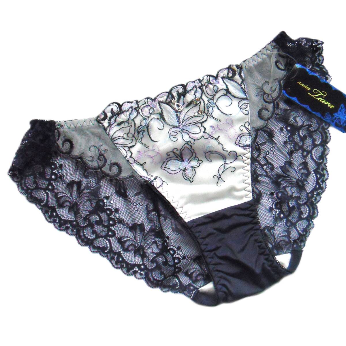 St.audrey Tiara ジュエルバタフライ バックレースショーツ M セントオードリー ティアラ 蝶々刺繍 パンツ ネイビー 新品タグ付 定価\1,650拍卖