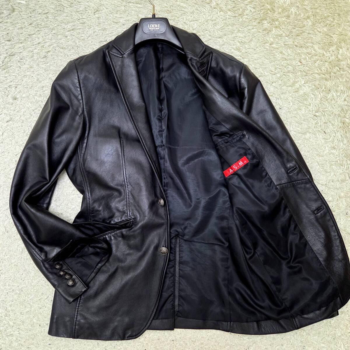 【とろとろラムスキン×刻印銀ボタン】A.S.M テーラードジャケット 羽織 羊革 ラムレザージャケット ピークドラペル 伸縮性 ブラック 48 M拍卖