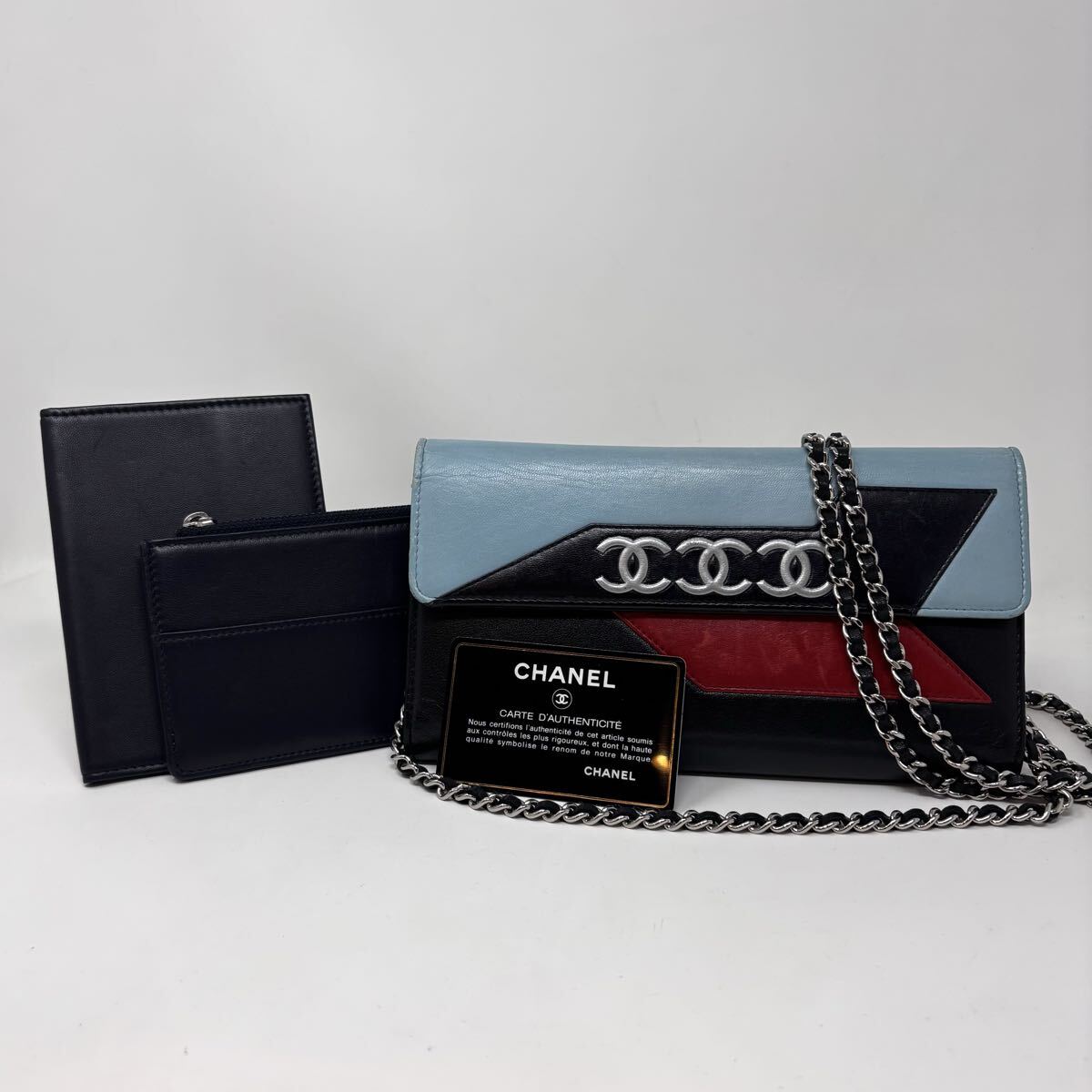 1円 CHANEL シャネル ショルダーバッグ チェーンウォレット トリプルココマーク エアライン 長財布 ブラック シルバー金具 シールあり拍卖